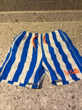 MC2 Saint Barth Blue & White Striped Kids Swim Trunks with Orange Drawcord